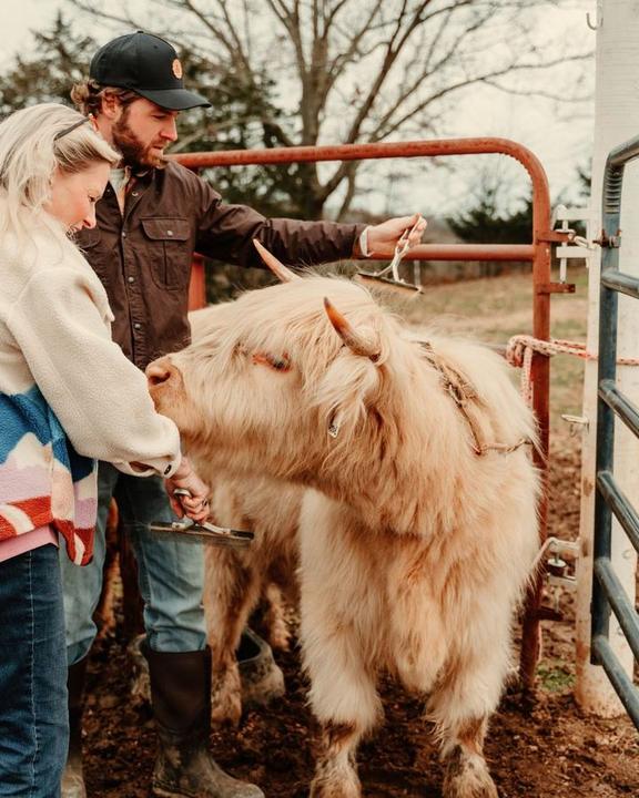 A man and woman stand with a long-haired tan goat near a red metal gate on a farm.