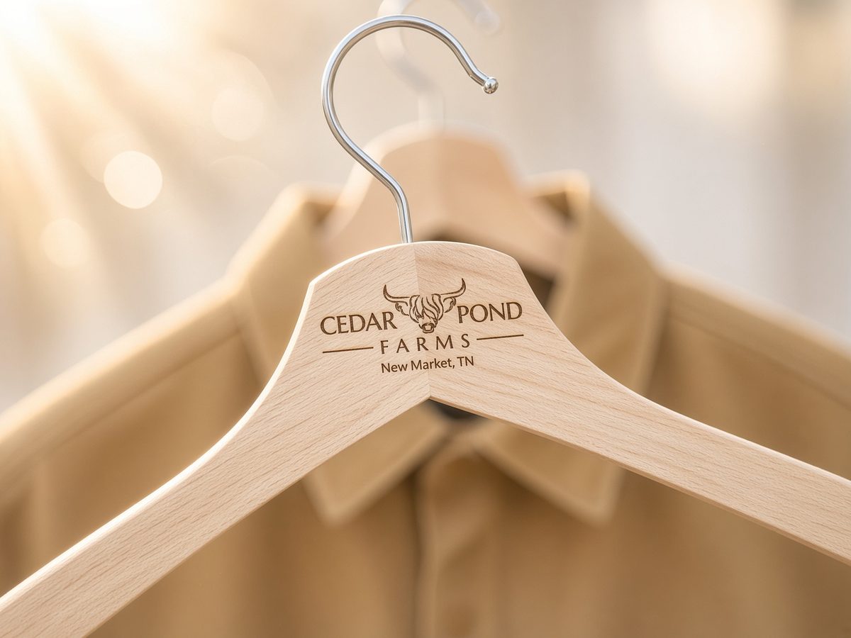 A natural beechwood hanger engraved with the Cedar Pond Farms Highland cow logo, hanging in front of a tan jacket