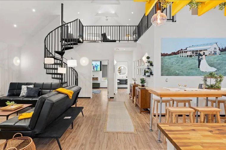 The bright modern living space of a Barndo B suite at Cedar Pond Farms, a farm stay near River Glen Equestrian Park